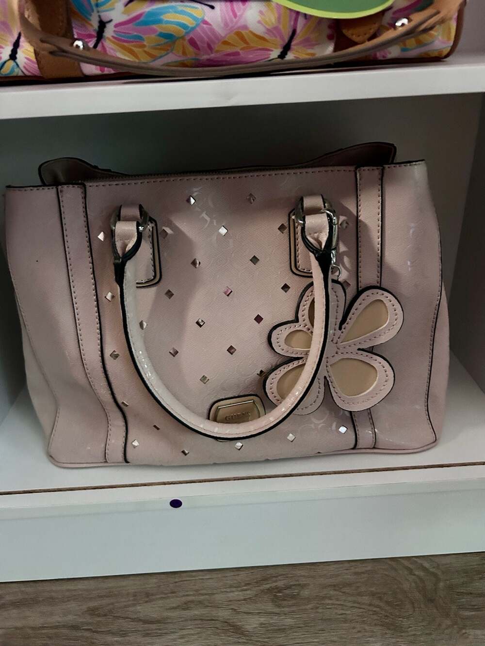 GUESS Blush Pink Studded Satchel Handbag with Floral Flower Charm